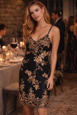 D&M Black and Rose Gold Floral Sequin Sleeveless Cami Mini Dress